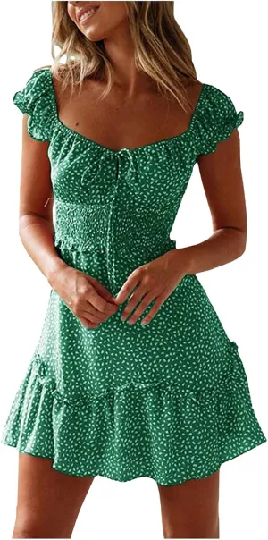 Milk Maid Dress for Women 2025 Casual Sexy Heart Neckline Ruffled Sleeve Floral Print Summer Dress with Elastic Waist