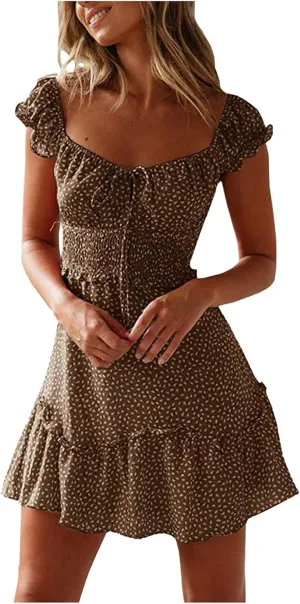 Milk Maid Dress for Women 2025 Casual Sexy Heart Neckline Ruffled Sleeve Floral Print Summer Dress with Elastic Waist