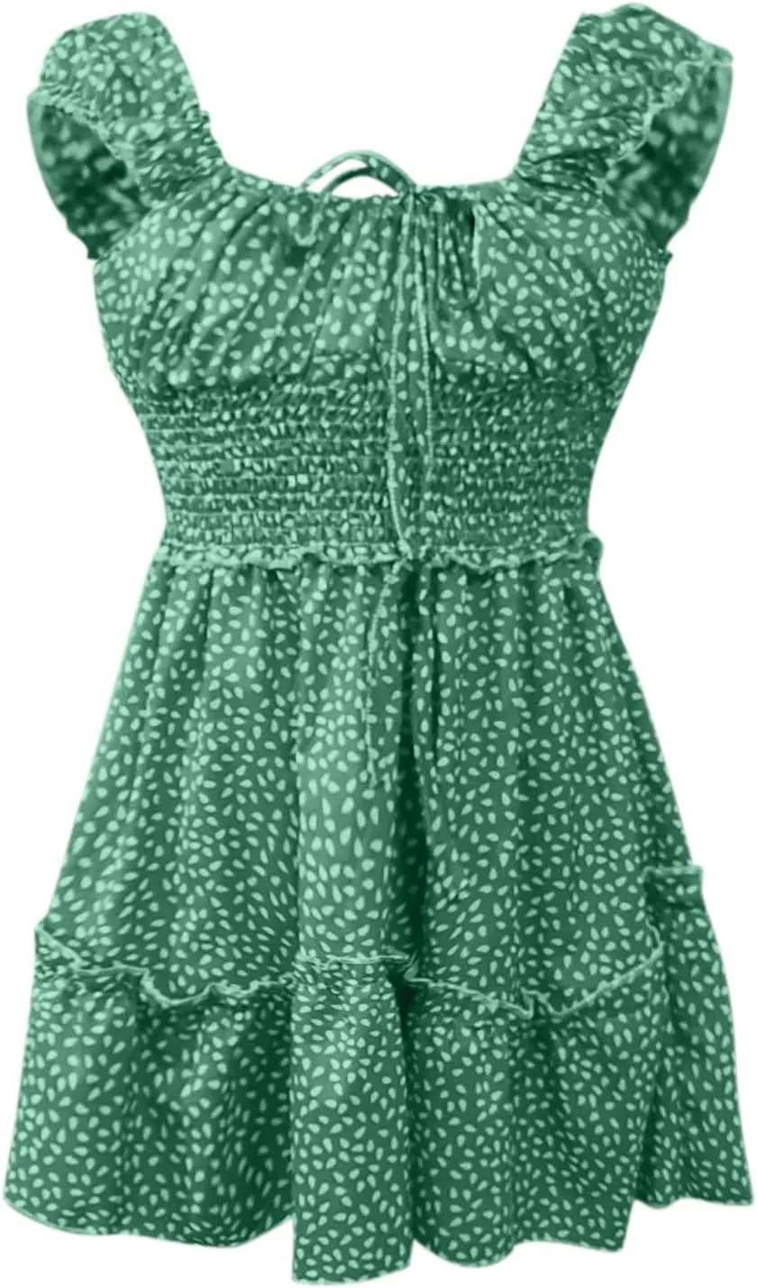 Milk Maid Dress for Women 2025 Casual Sexy Heart Neckline Ruffled Sleeve Floral Print Summer Dress with Elastic Waist