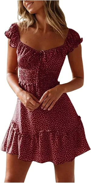 Milk Maid Dress for Women 2025 Casual Sexy Heart Neckline Ruffled Sleeve Floral Print Summer Dress with Elastic Waist