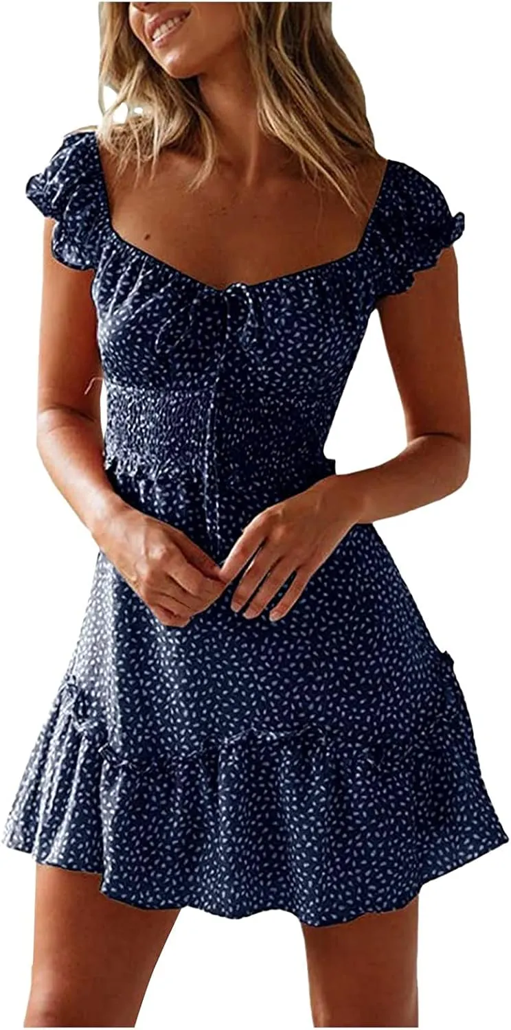 Milk Maid Dress for Women 2025 Casual Sexy Heart Neckline Ruffled Sleeve Floral Print Summer Dress with Elastic Waist