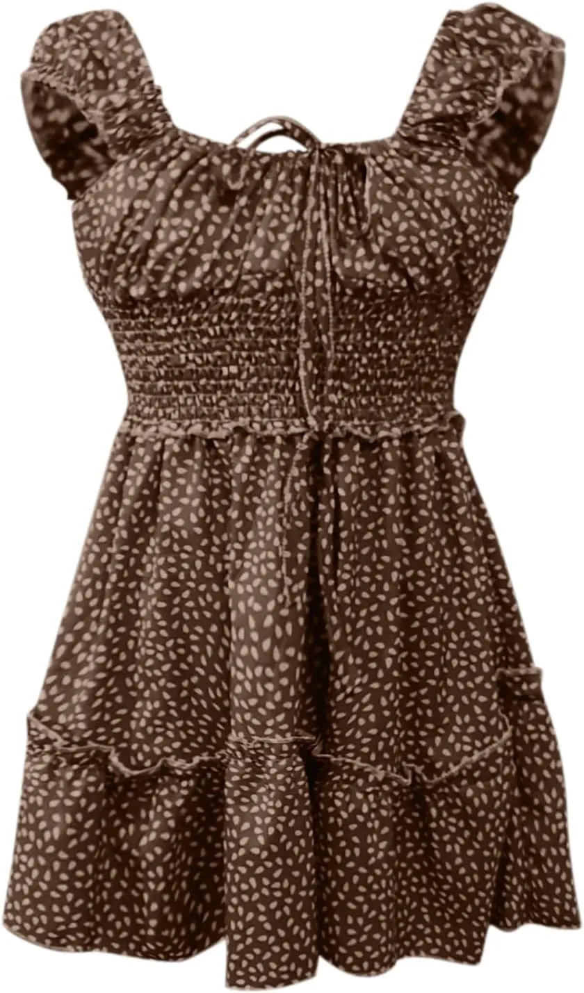 Milk Maid Dress for Women 2025 Casual Sexy Heart Neckline Ruffled Sleeve Floral Print Summer Dress with Elastic Waist
