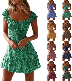 Milk Maid Dress for Women 2025 Casual Sexy Heart Neckline Ruffled Sleeve Floral Print Summer Dress with Elastic Waist