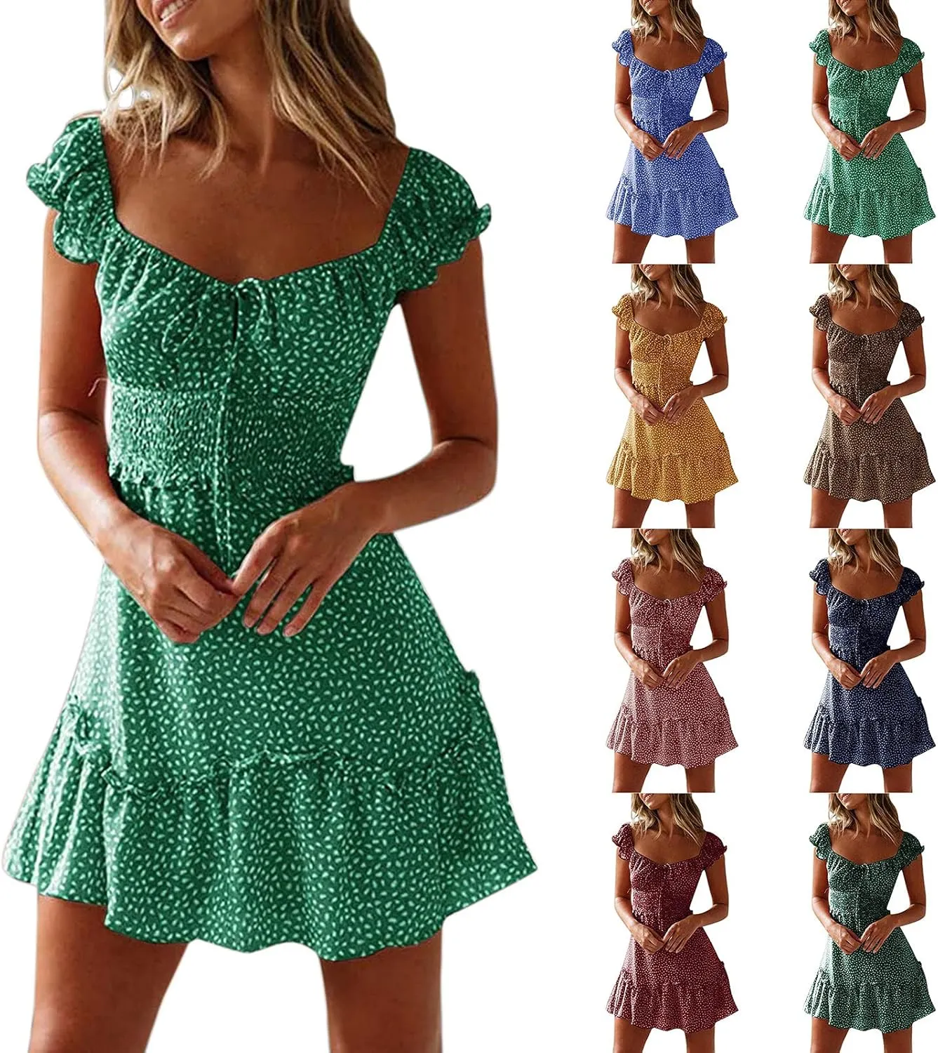 Milk Maid Dress for Women 2025 Casual Sexy Heart Neckline Ruffled Sleeve Floral Print Summer Dress with Elastic Waist