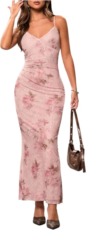Milumia Women's Vintage Spaghetti Strap Maxi Dress Sexy Low Cut Floral Lace Trim Y2k Cami Bodycon Dresses