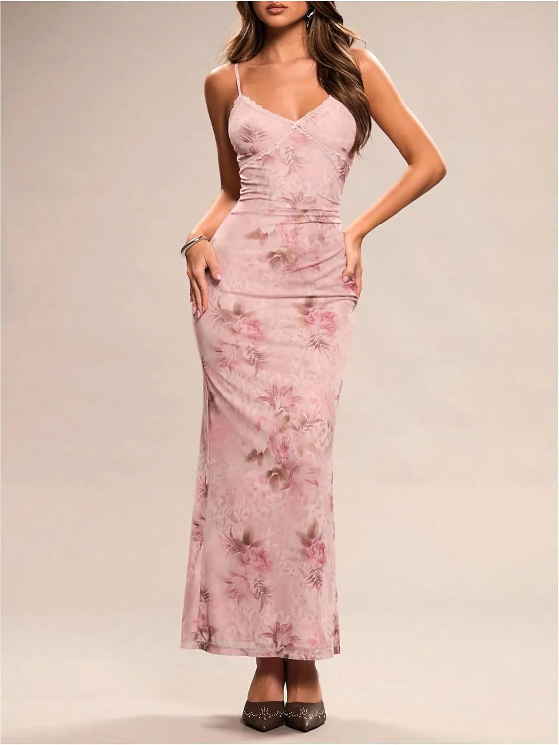 Milumia Women's Vintage Spaghetti Strap Maxi Dress Sexy Low Cut Floral Lace Trim Y2k Cami Bodycon Dresses