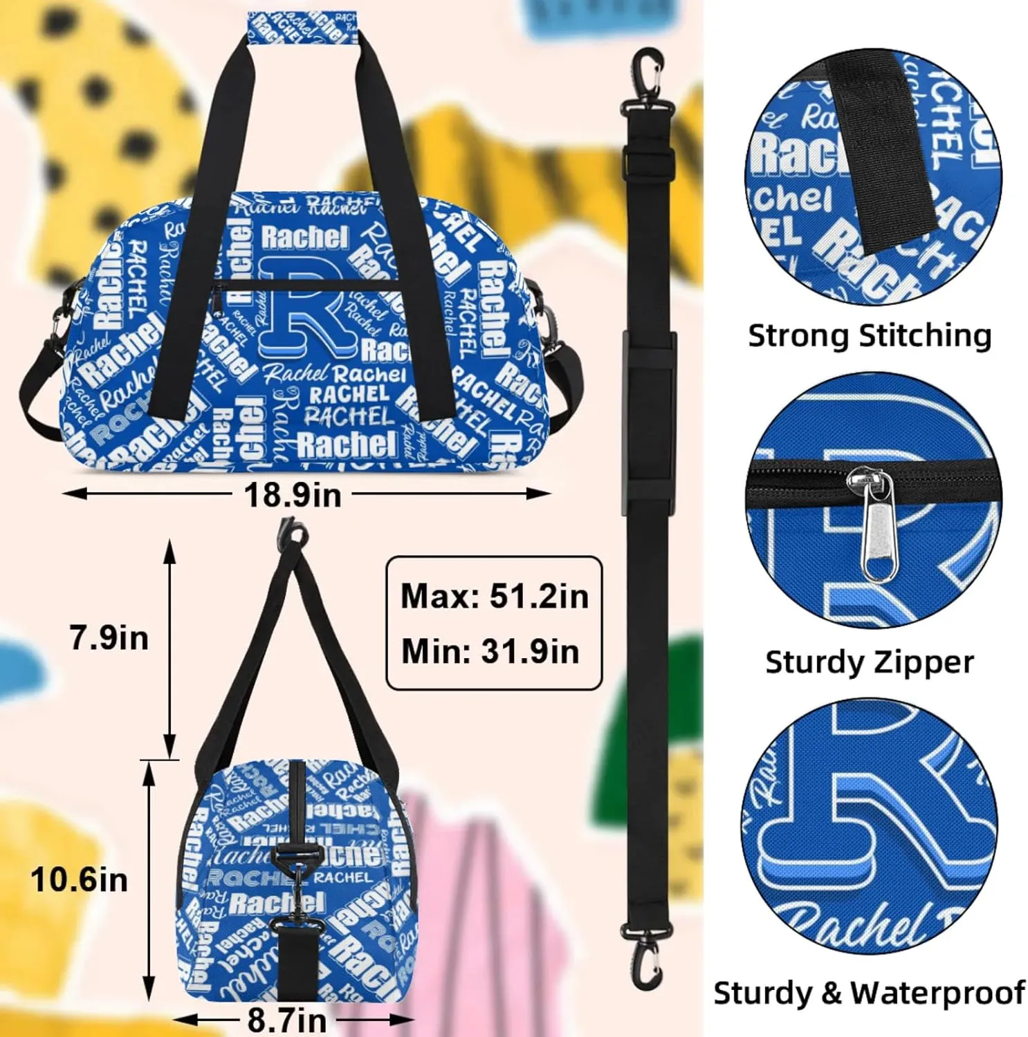 Mini Sports Duffel Bag Waterproof Custom Women Small Gym Bag 18 inch for Men Carry on Overnight Travel Tote Bag Cobalt Blue