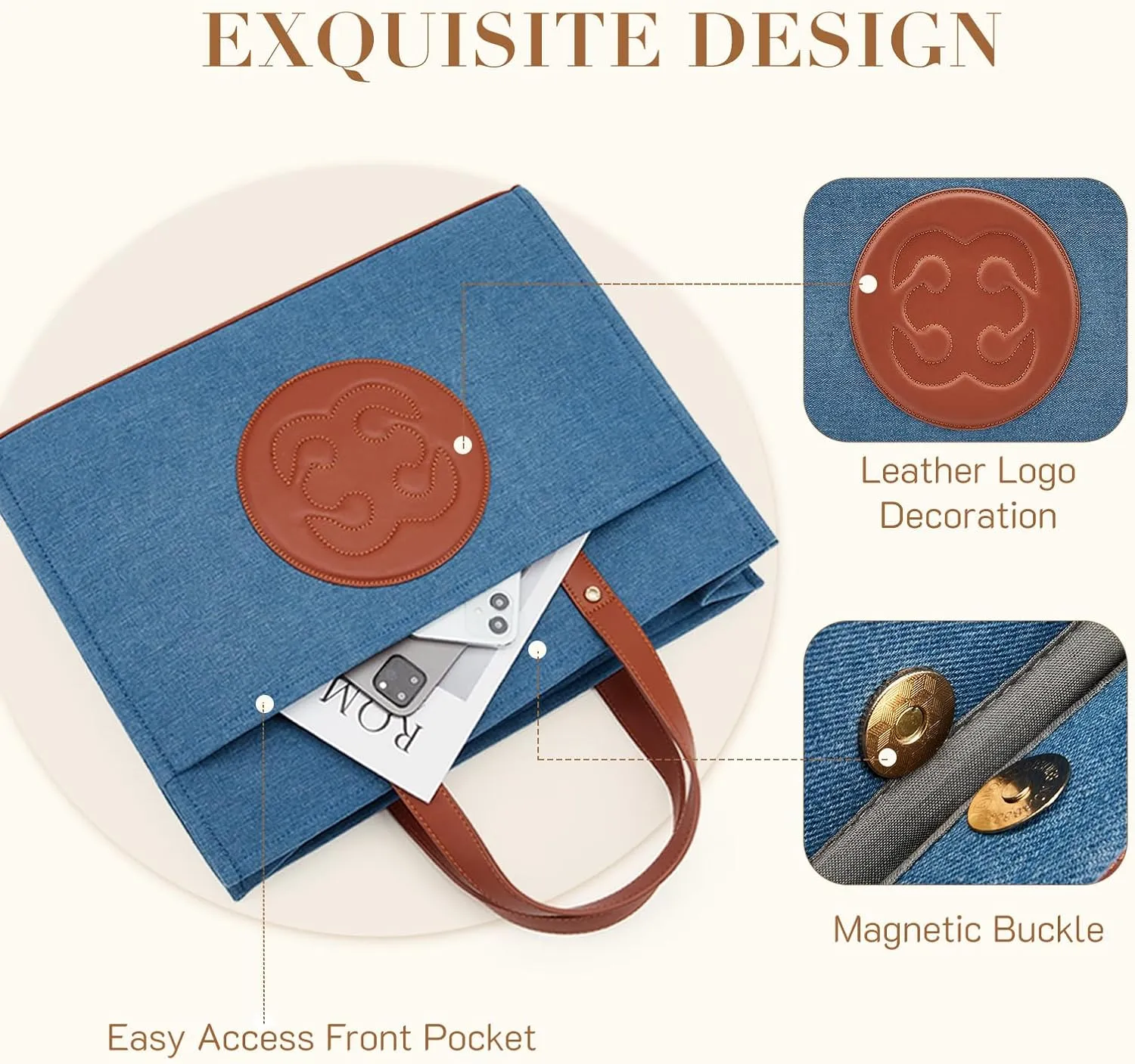 Missnine Denim Tote Bag for Women - Casual & Work - 15.6 inch Shoulder Bag for Office & Business