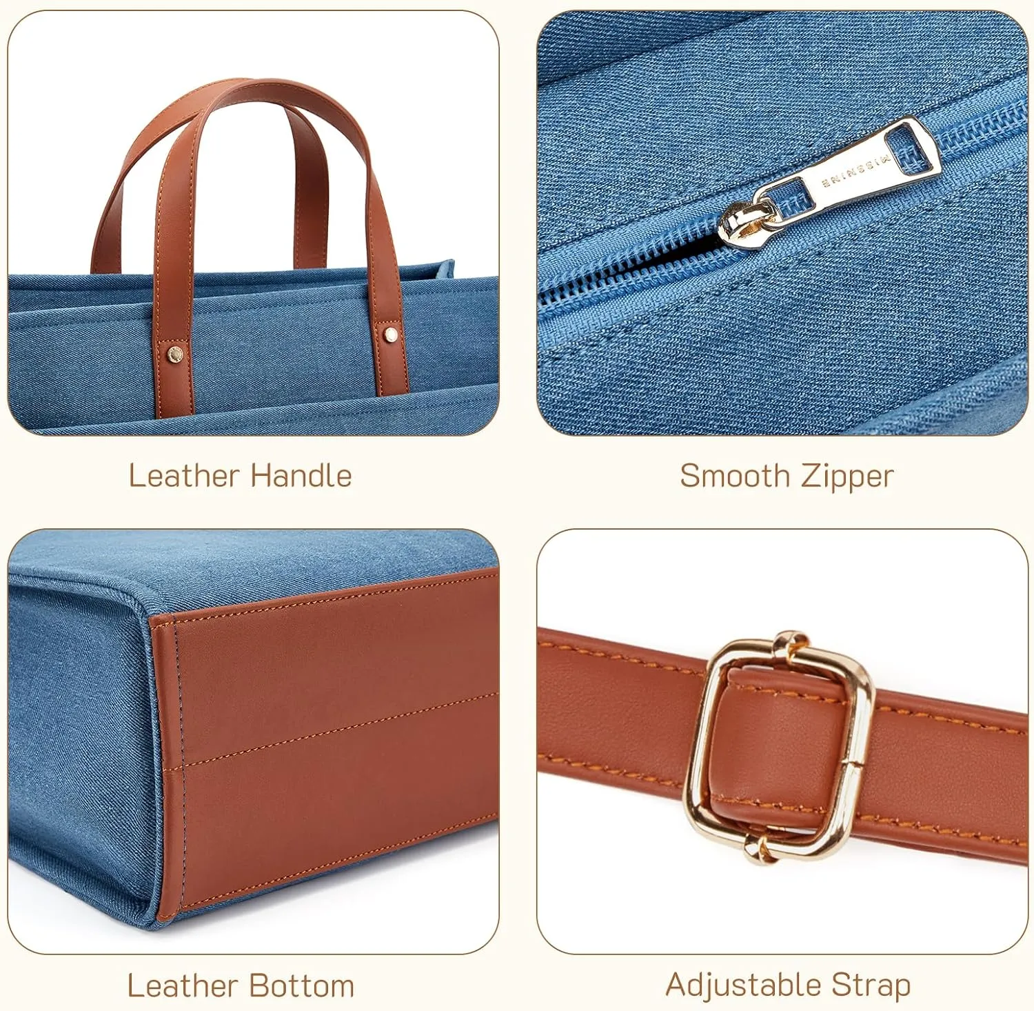 Missnine Denim Tote Bag for Women - Casual & Work - 15.6 inch Shoulder Bag for Office & Business