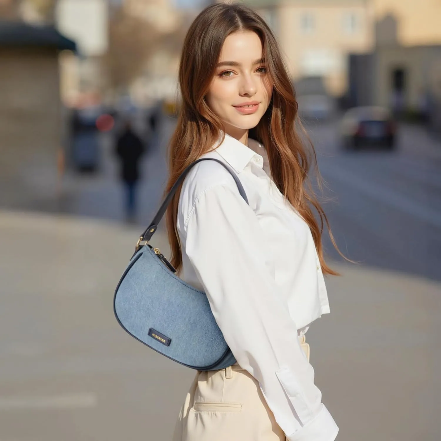 Missnine Fringe Denim Purse Hobo Handbag for Women Jean Purse Clutch Crescent Shoulder Bags Distressed Mini Tote Bag Blue
