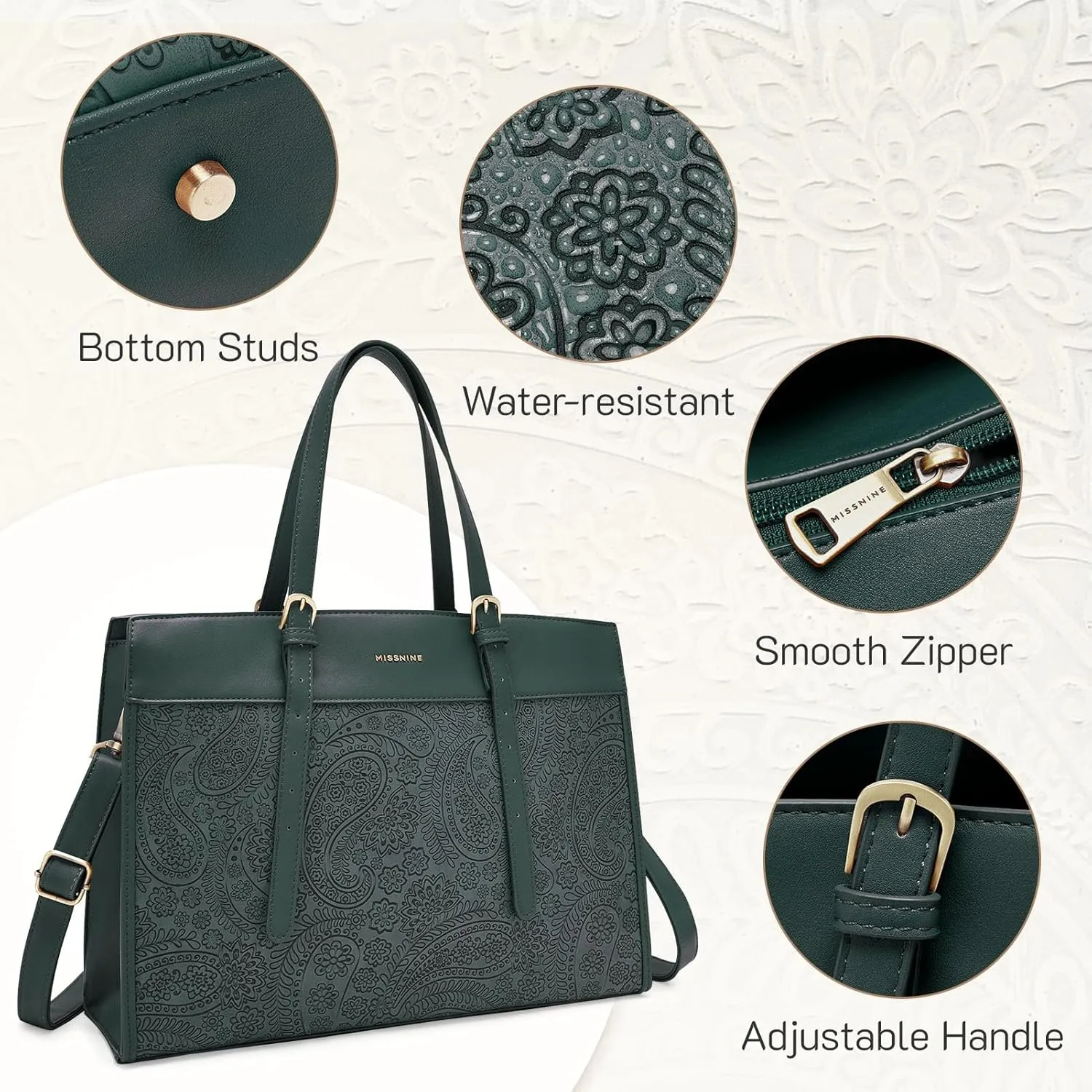 Missnine Laptop Tote Bag for Women 15.6 Inch Leather Work Bags Teacher Computer Purse Briefcase Handbag for Office, Travel