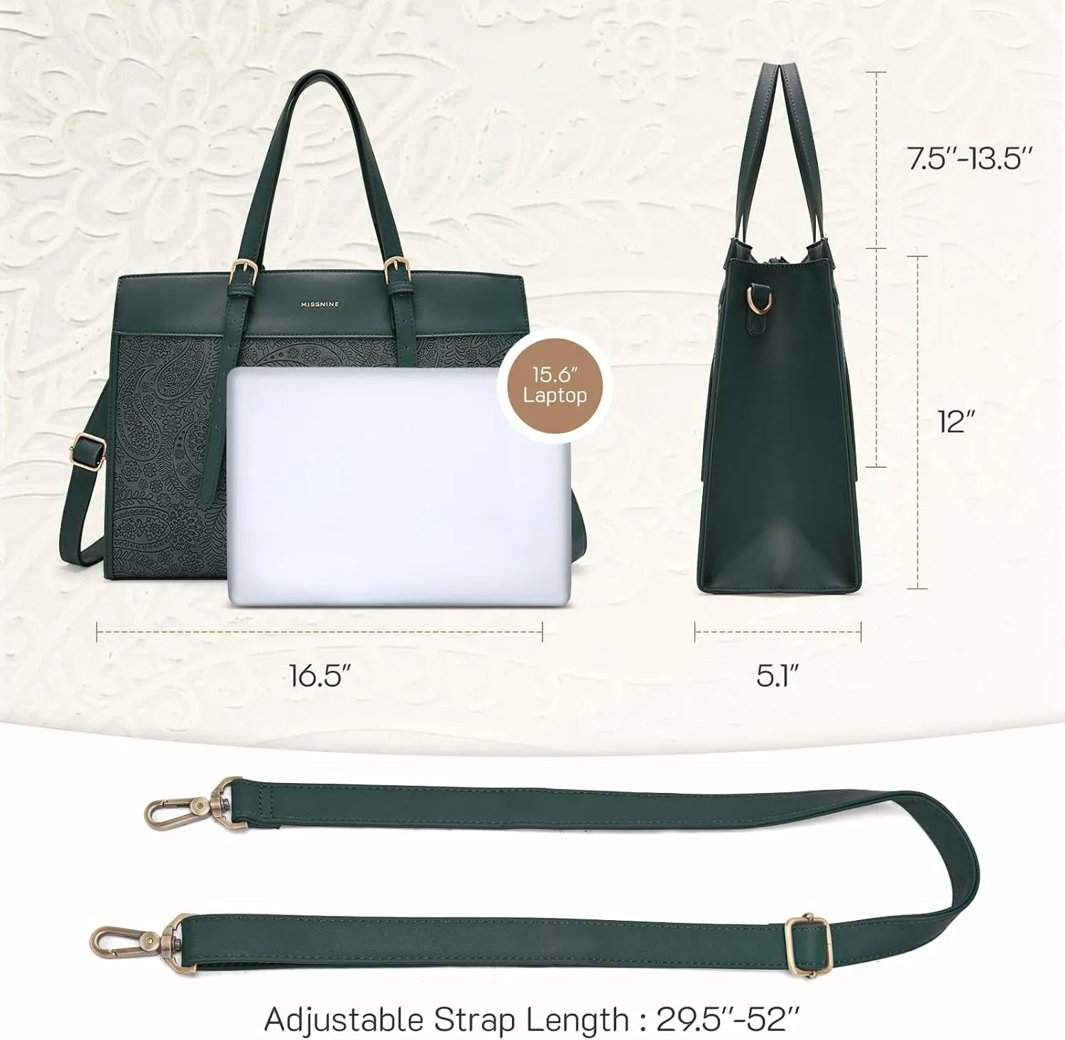 Missnine Laptop Tote Bag for Women 15.6 Inch Leather Work Bags Teacher Computer Purse Briefcase Handbag for Office, Travel