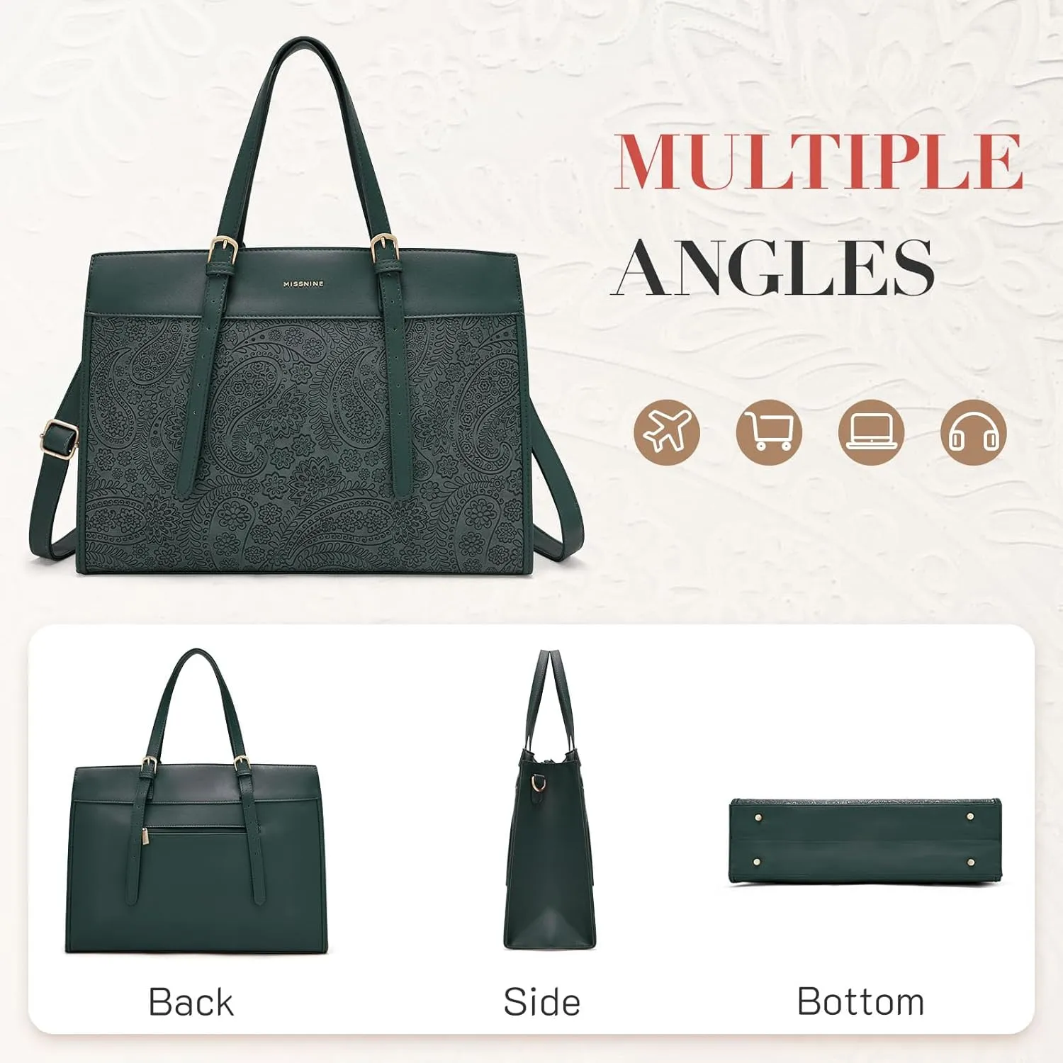 Missnine Laptop Tote Bag for Women 15.6 Inch Leather Work Bags Teacher Computer Purse Briefcase Handbag for Office, Travel