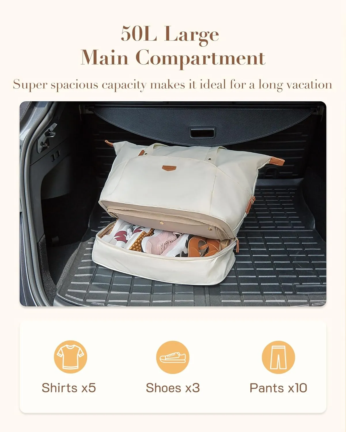 Missnine Weekender Bag for Women, Foldie Travel Bag Expandable with Shoes Compartment Travel Duffel 50L Carry on Overnight Gym