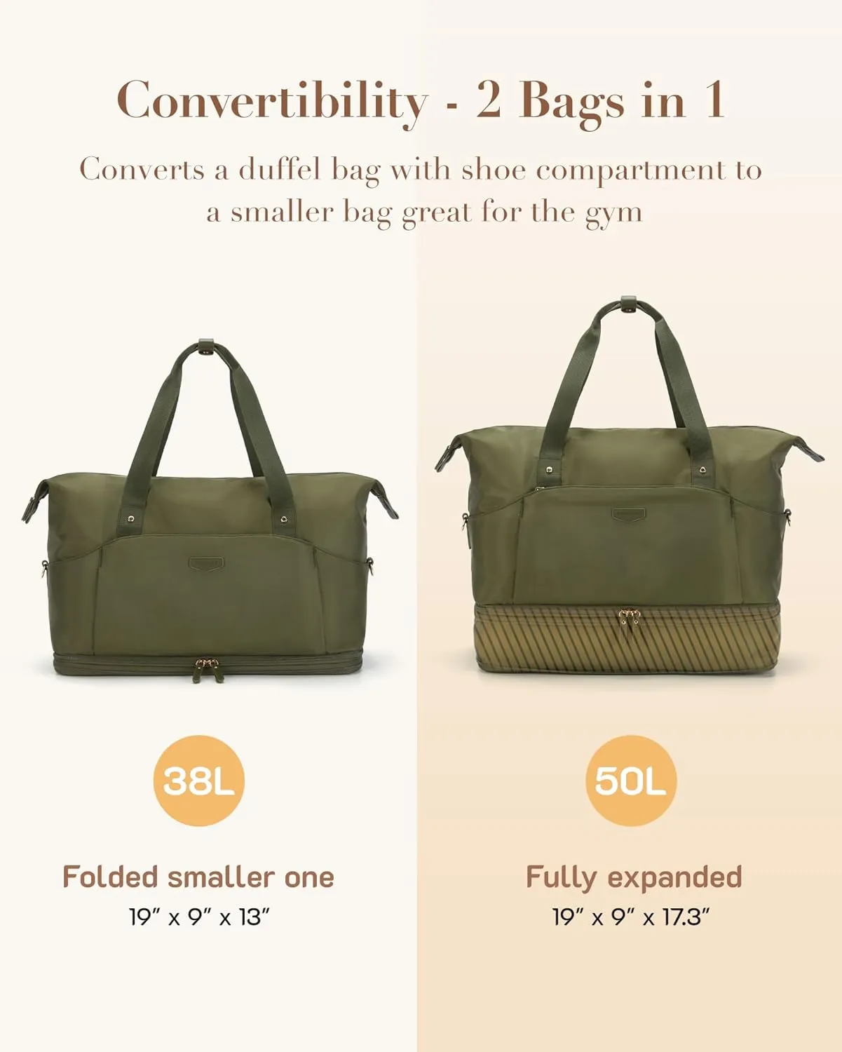 Missnine Weekender Bag for Women, Foldie Travel Bag Expandable with Shoes Compartment Travel Duffel 50L Carry on Overnight Gym