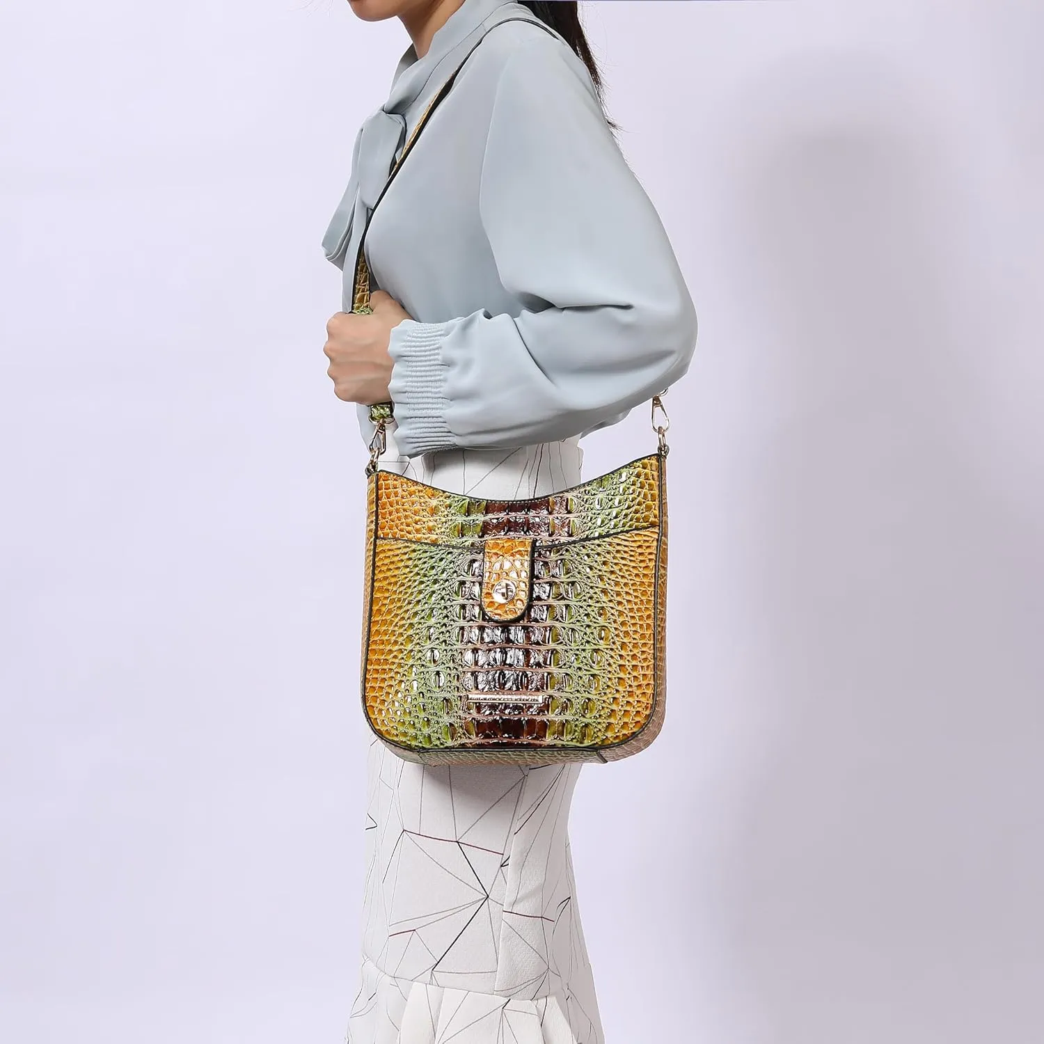 MKF Collection Women Shoulder Bag, Gradient Rainbow Crocodile Embossed Vegan Leather Handbag Purse by Mia K