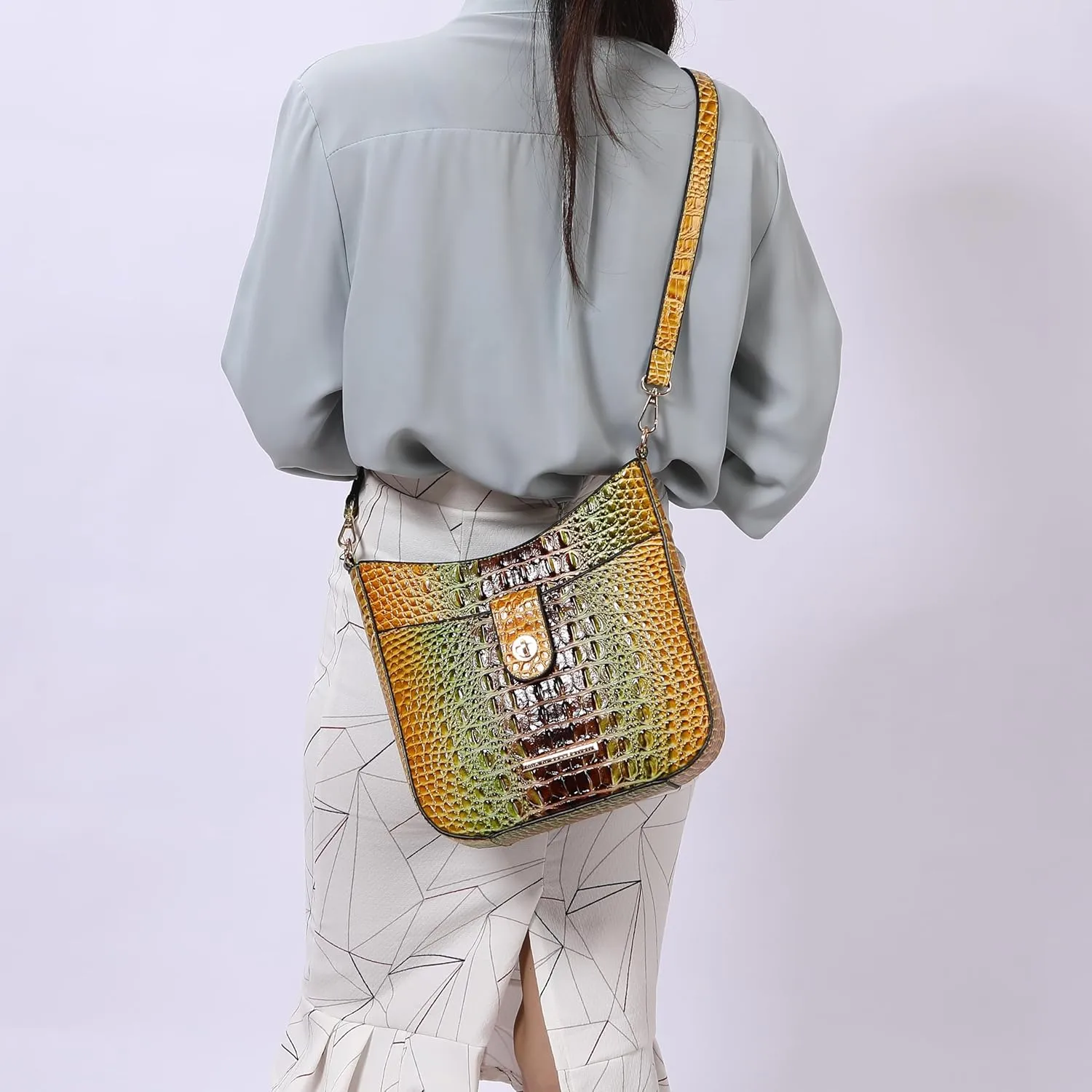 MKF Collection Women Shoulder Bag, Gradient Rainbow Crocodile Embossed Vegan Leather Handbag Purse by Mia K