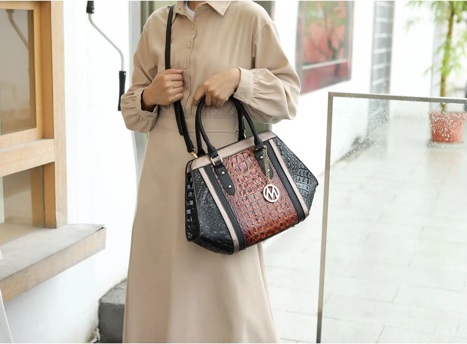 MKF satchel bags for women, Featuring a faux crocodile-embossed finish crossover handbag, shoulder side messenger bag