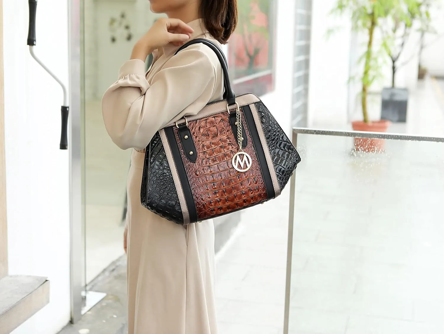 MKF satchel bags for women, Featuring a faux crocodile-embossed finish crossover handbag, shoulder side messenger bag
