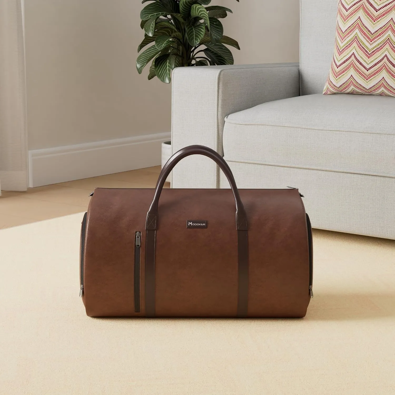 Modoker Convertible Leather Garment Bag, Carry on Garment Bags for Travel, Garment Duffel Bag, Gifts for Men Women Business Waterproof Suitcase Suit Travel Bags, Brown