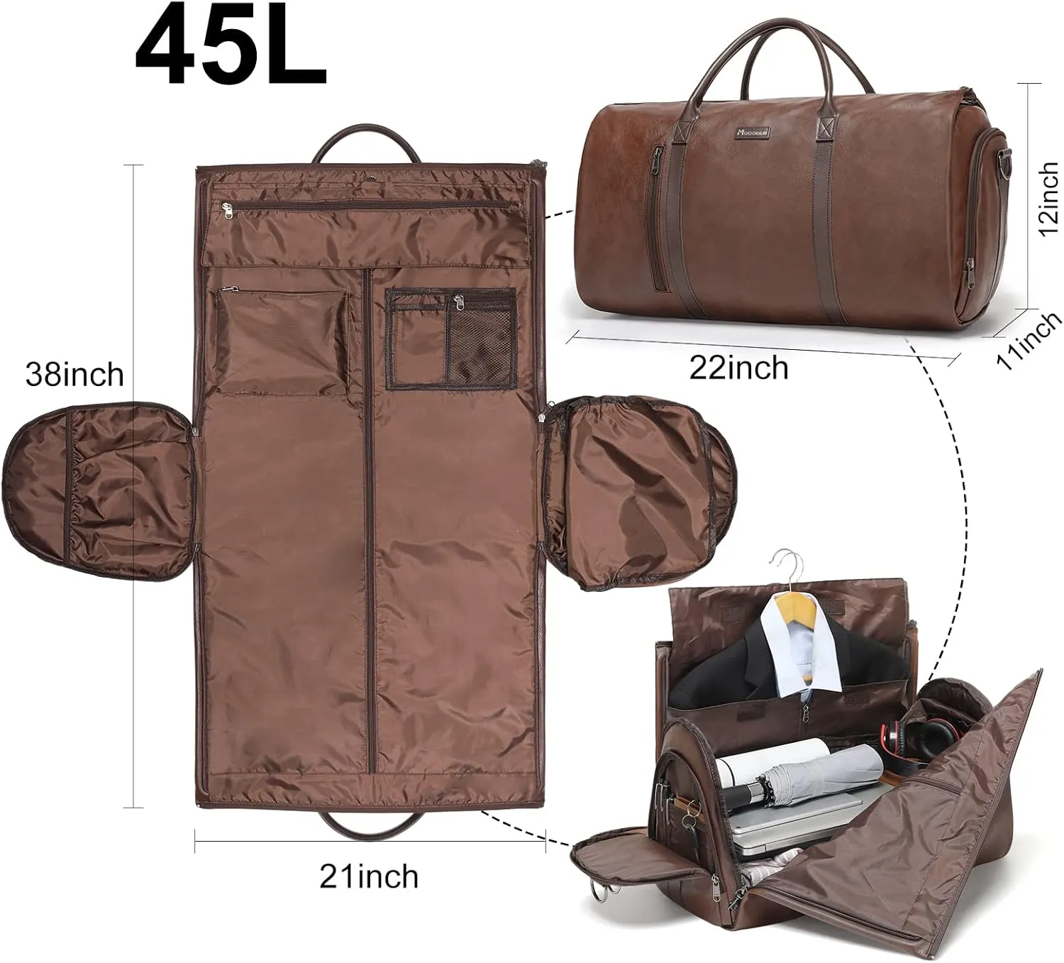 Modoker Convertible Leather Garment Bag, Carry on Garment Bags for Travel, Garment Duffel Bag, Gifts for Men Women Business Waterproof Suitcase Suit Travel Bags, Brown