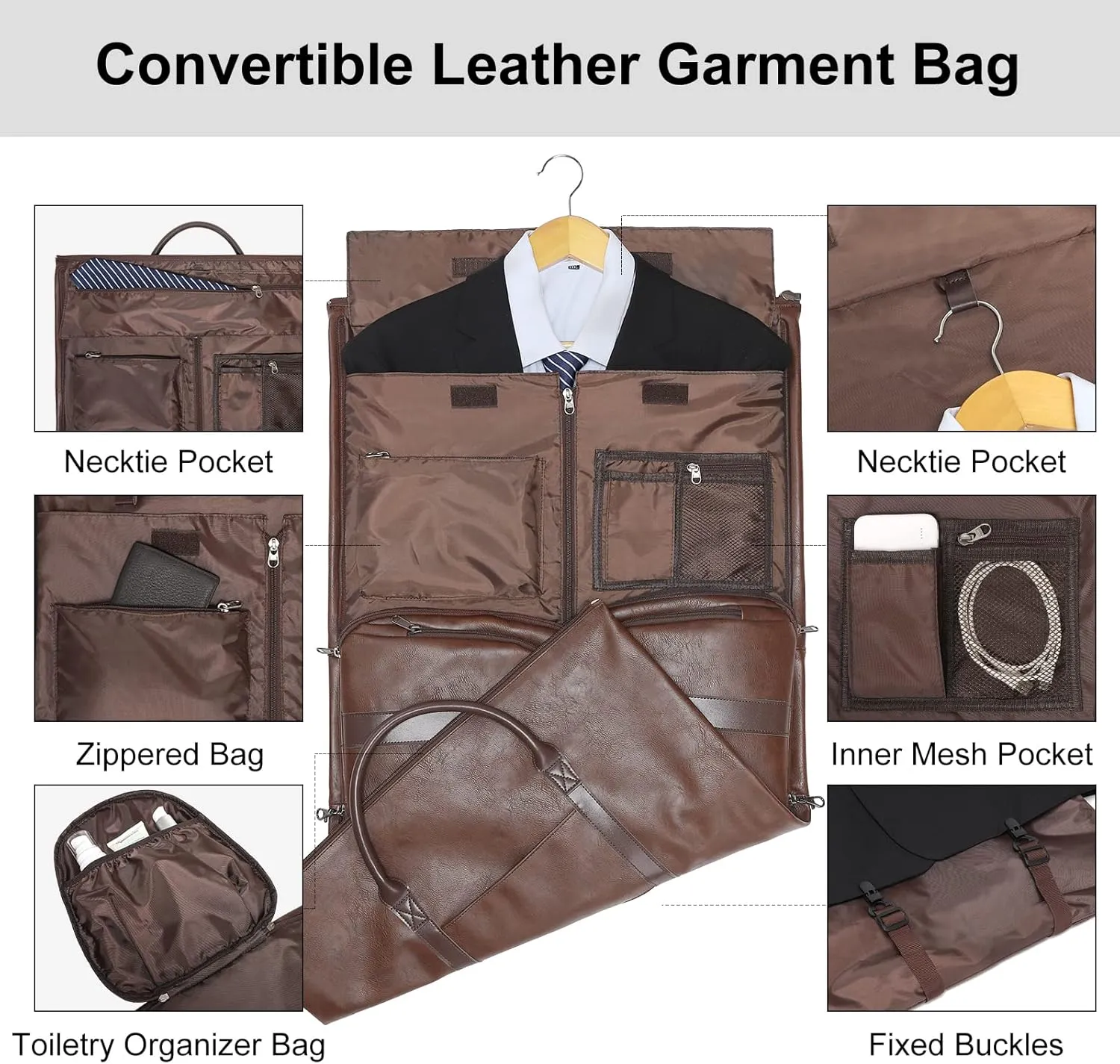 Modoker Convertible Leather Garment Bag, Carry on Garment Bags for Travel, Garment Duffel Bag, Gifts for Men Women Business Waterproof Suitcase Suit Travel Bags, Brown