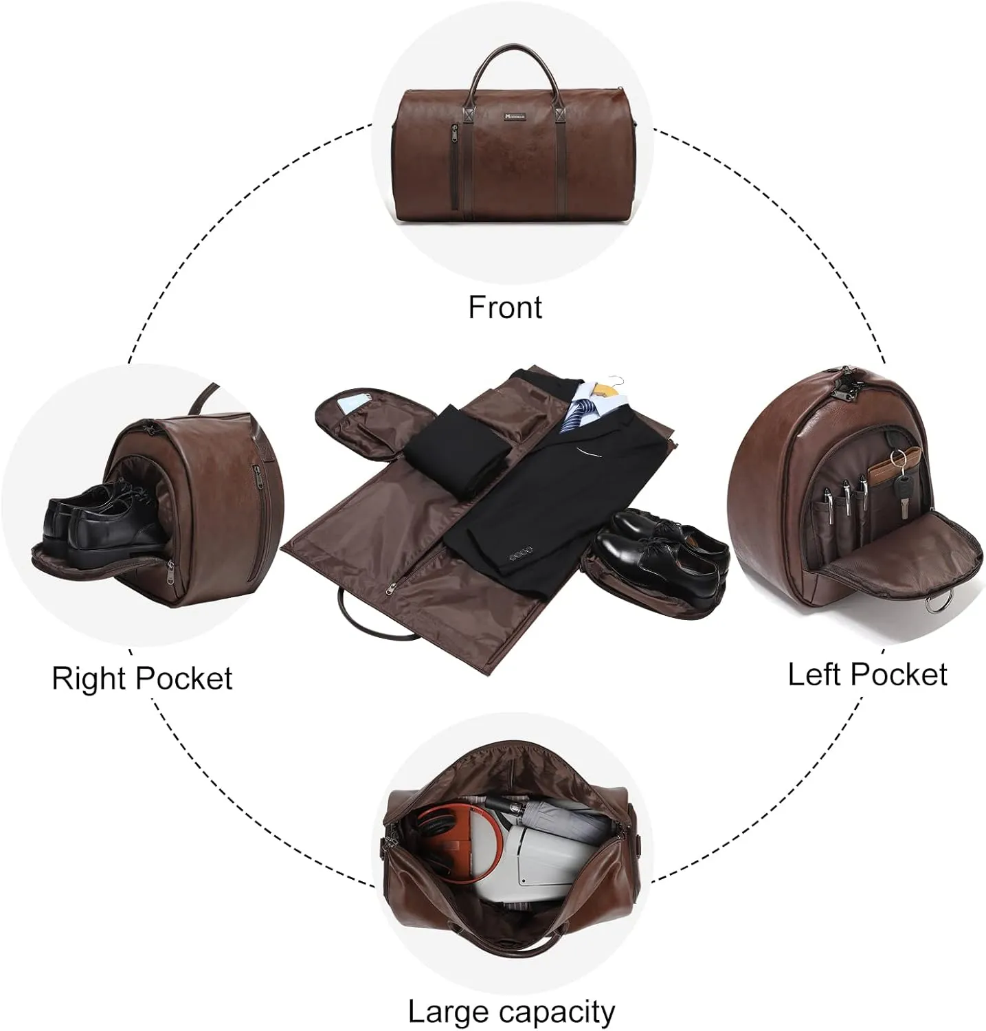 Modoker Convertible Leather Garment Bag, Carry on Garment Bags for Travel, Garment Duffel Bag, Gifts for Men Women Business Waterproof Suitcase Suit Travel Bags, Brown