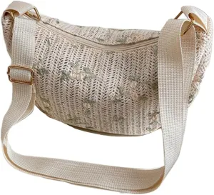Molodo Crossbody Bag for Women Lace Flower Straw Woven Shoulder Bag Trendy Summer Lightweight Zipper Shoulder Bag