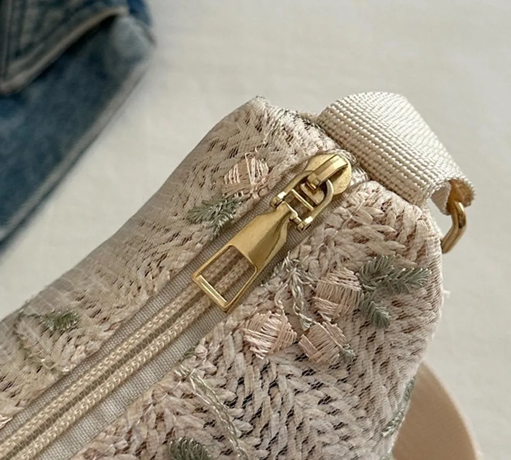 Molodo Crossbody Bag for Women Lace Flower Straw Woven Shoulder Bag Trendy Summer Lightweight Zipper Shoulder Bag