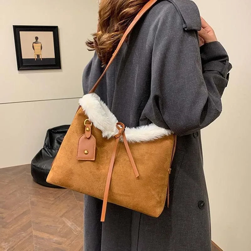 Molodo Slouchy Suede Tote Bag for Women Fuzzy Shoulder Bag with Faux Shearling Trim Soft Crossbody Bags Tote Handbag