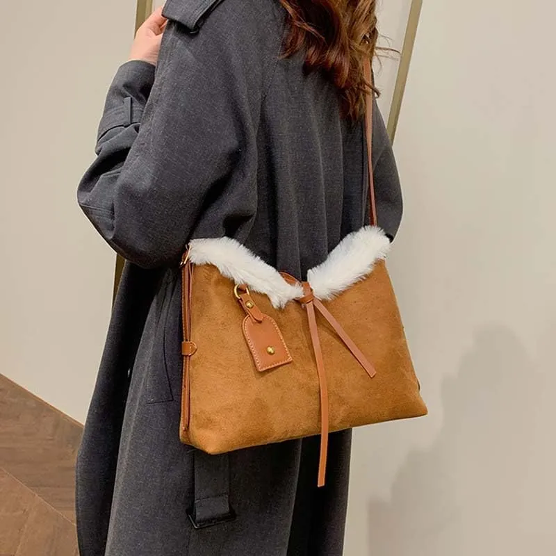 Molodo Slouchy Suede Tote Bag for Women Fuzzy Shoulder Bag with Faux Shearling Trim Soft Crossbody Bags Tote Handbag