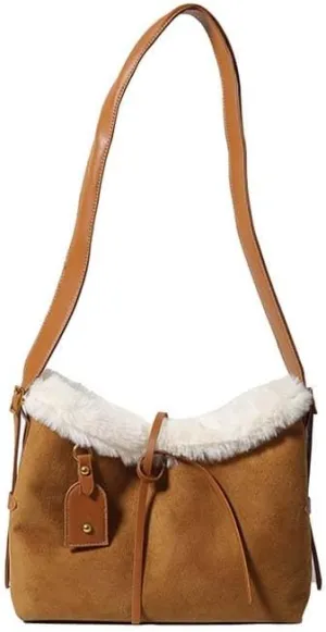 Molodo Slouchy Suede Tote Bag for Women Fuzzy Shoulder Bag with Faux Shearling Trim Soft Crossbody Bags Tote Handbag