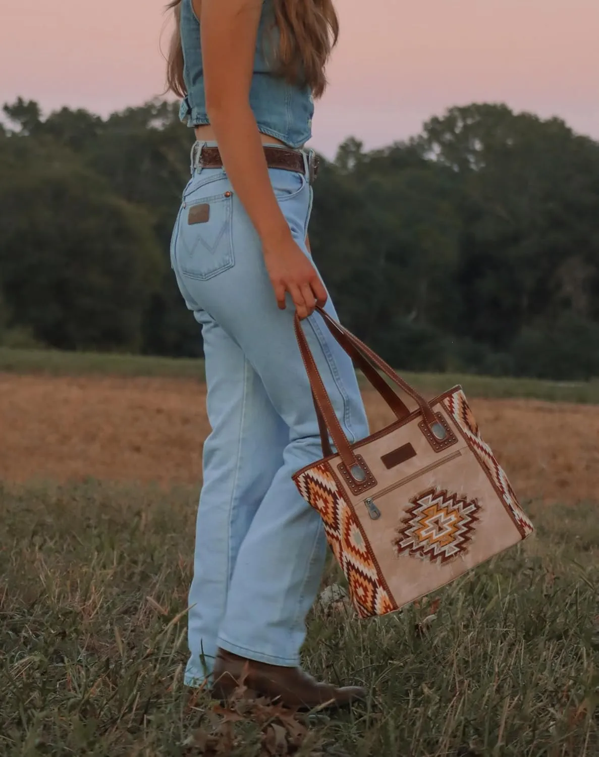 Montana West Embroidered Aztec Tote Bag for Women Western Jean Denim Collection Handbag