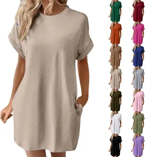 Moomoo Dresses for Women Solid Color Round Neck Batwing Sleeve T-Shirt Dress with Hidden Pockets