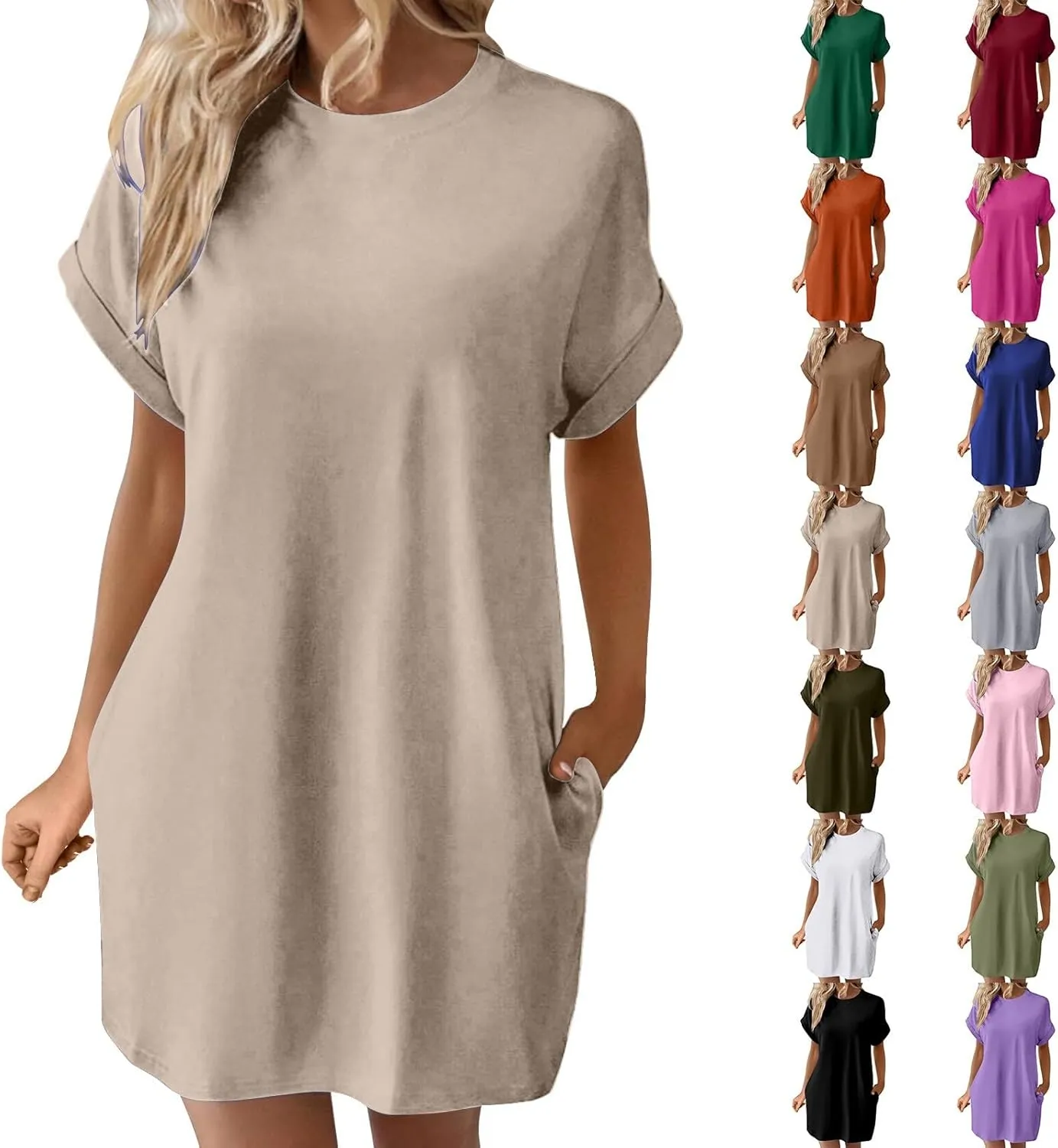 Moomoo Dresses for Women Solid Color Round Neck Batwing Sleeve T-Shirt Dress with Hidden Pockets