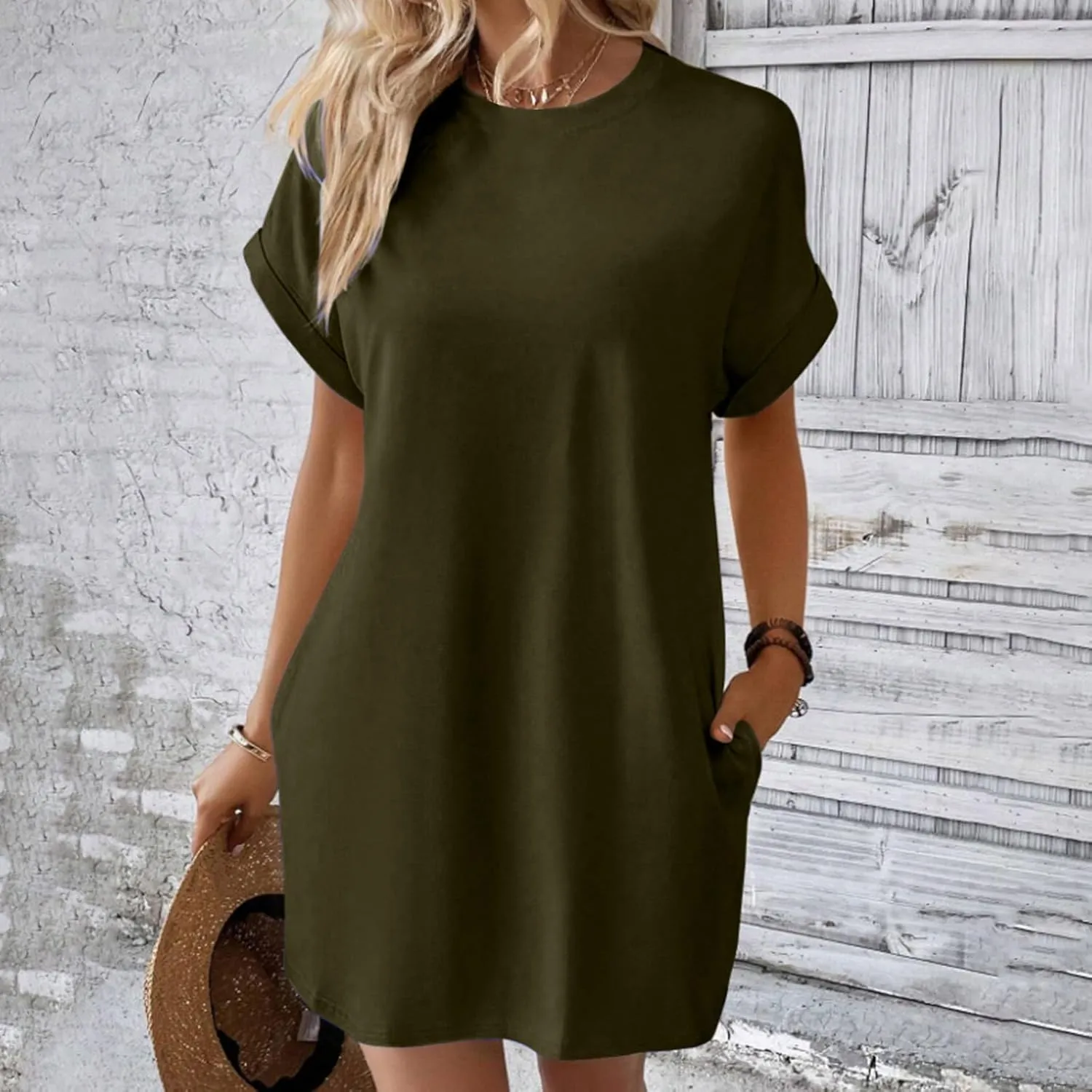 Moomoo Dresses for Women Solid Color Round Neck Batwing Sleeve T-Shirt Dress with Hidden Pockets