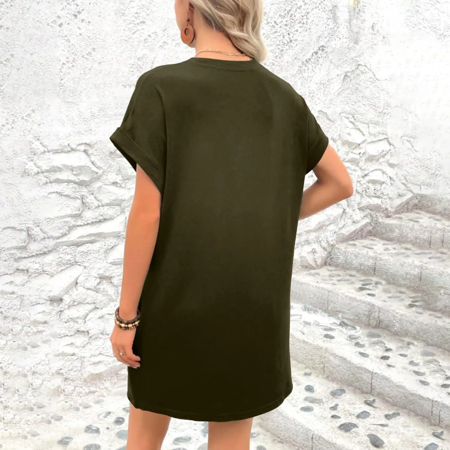 Moomoo Dresses for Women Solid Color Round Neck Batwing Sleeve T-Shirt Dress with Hidden Pockets