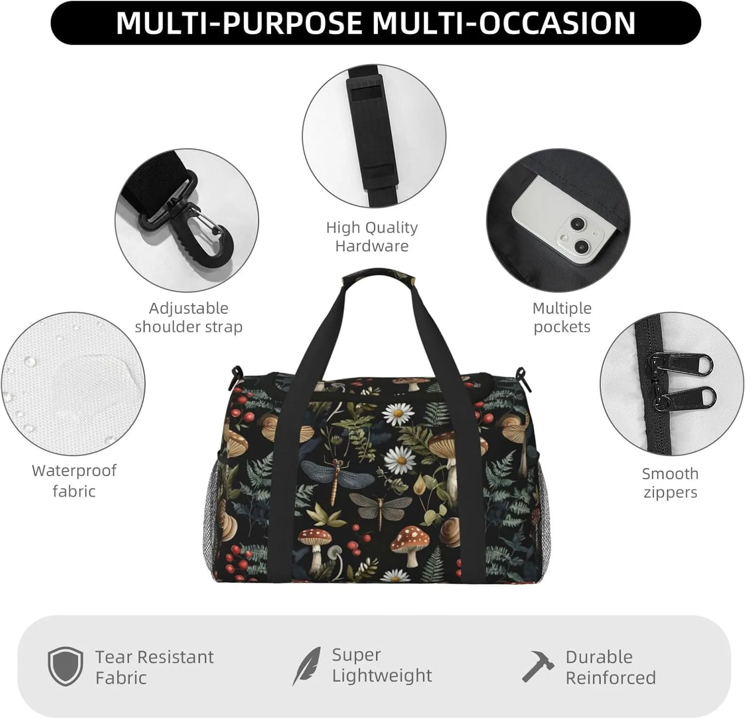 Mushrooms Dragonflies Leaf Duffle Bag Foldable Travel Tote Bag Carry On Large Weekender Overnight Bags Waterproof Gym Bag For Women Men
