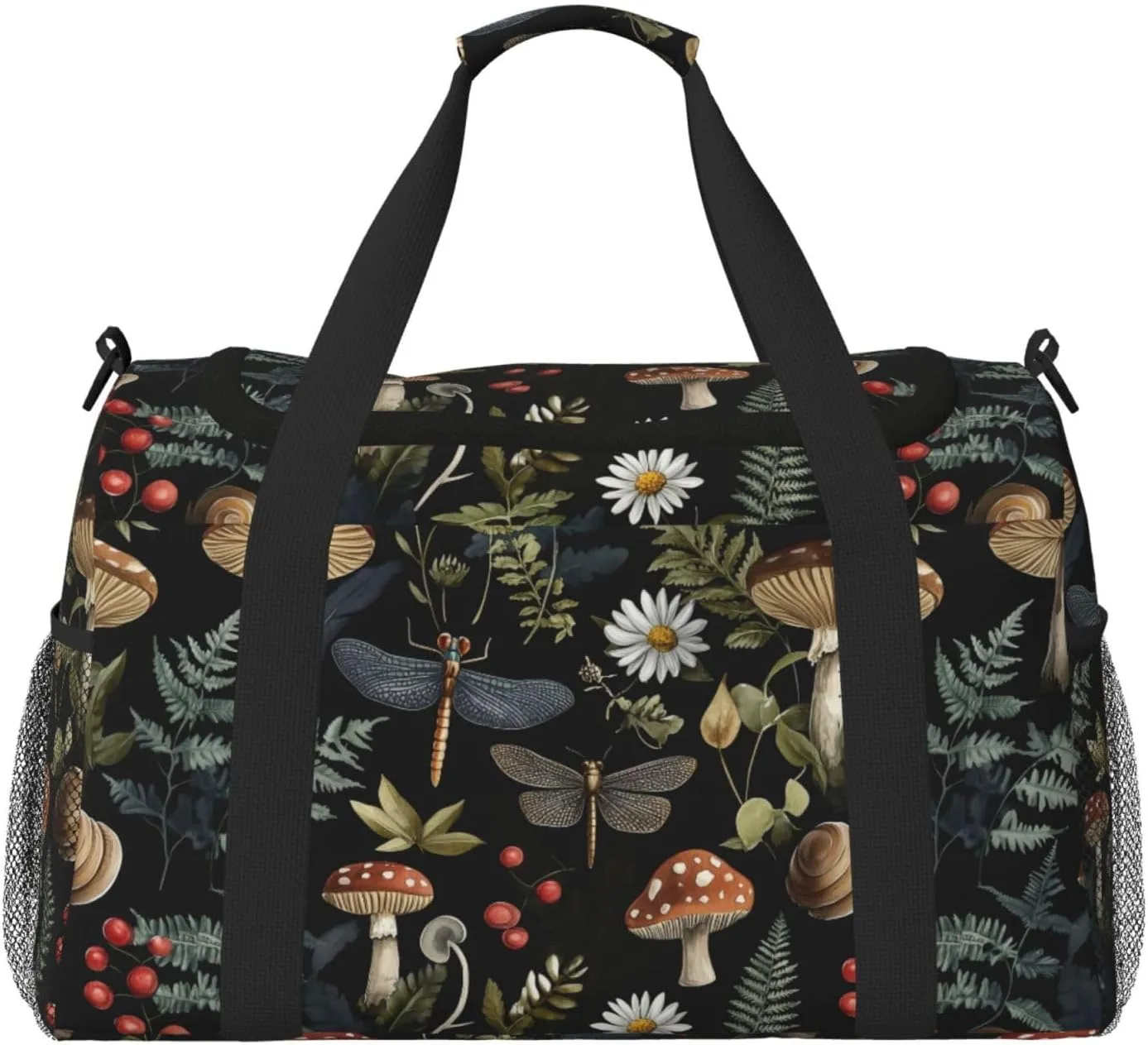 Mushrooms Dragonflies Leaf Duffle Bag Foldable Travel Tote Bag Carry On Large Weekender Overnight Bags Waterproof Gym Bag For Women Men