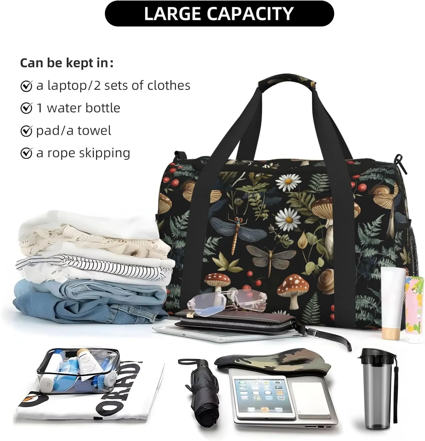 Mushrooms Dragonflies Leaf Duffle Bag Foldable Travel Tote Bag Carry On Large Weekender Overnight Bags Waterproof Gym Bag For Women Men
