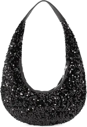 Naimo Womens Sequin Bag Metallic Shoulder Bag Glitter Evening Bag Moon Shape Purse Hobo Handbag Underarm Bag