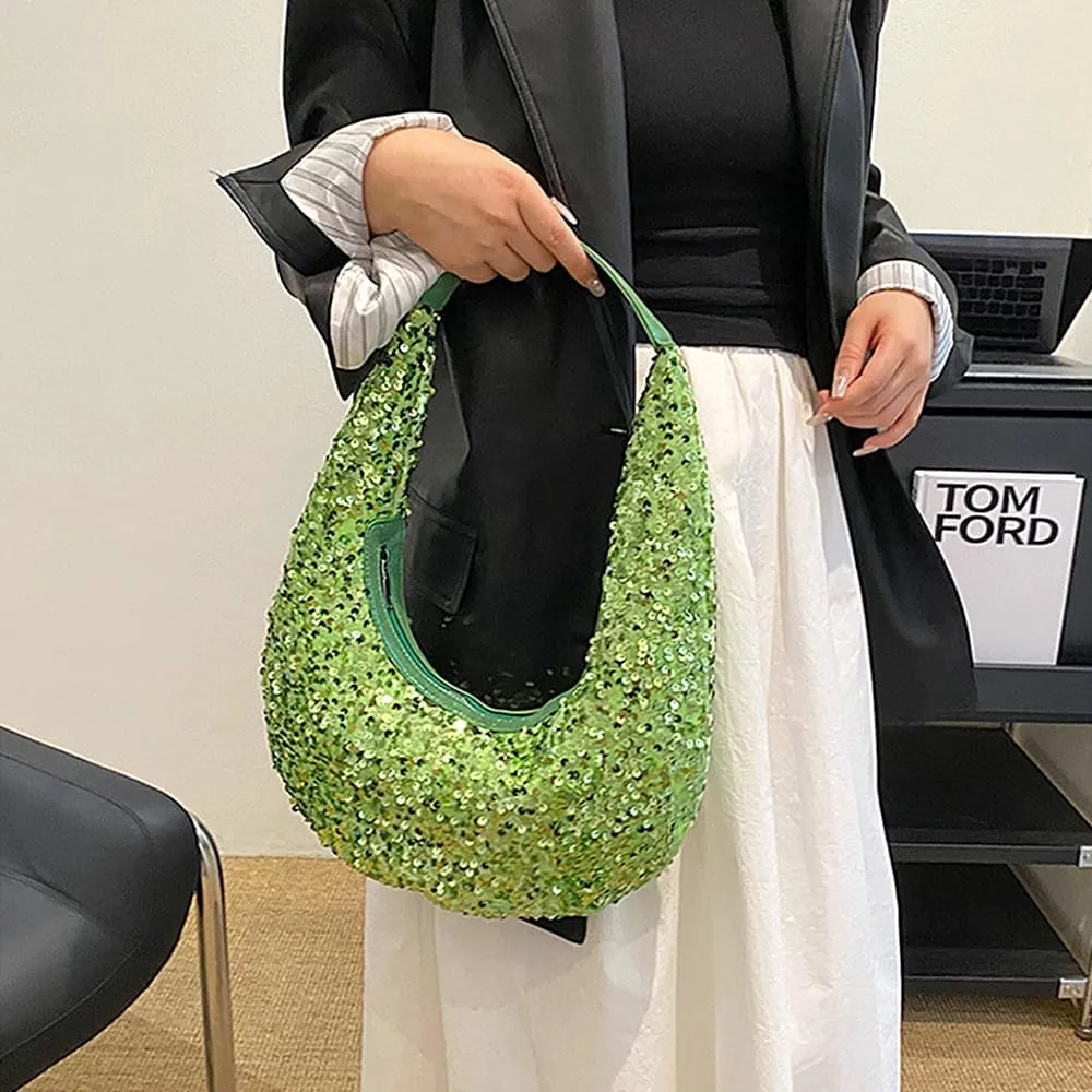 Naimo Womens Sequin Bag Metallic Shoulder Bag Glitter Evening Bag Moon Shape Purse Hobo Handbag Underarm Bag
