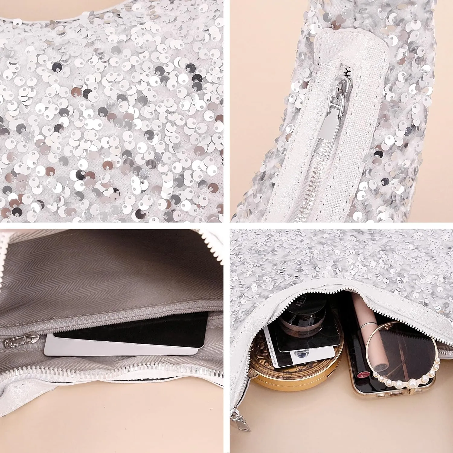 Naimo Womens Sequin Bag Metallic Shoulder Bag Glitter Evening Bag Moon Shape Purse Hobo Handbag Underarm Bag