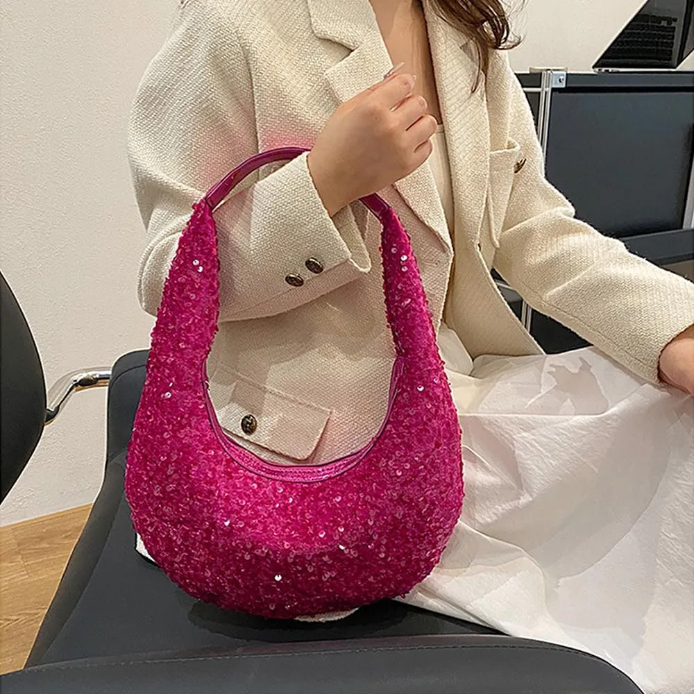 Naimo Womens Sequin Bag Metallic Shoulder Bag Glitter Evening Bag Moon Shape Purse Hobo Handbag Underarm Bag
