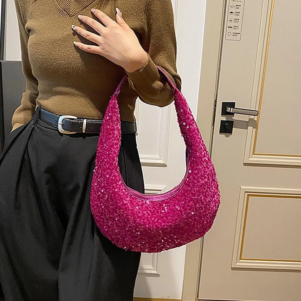 Naimo Womens Sequin Bag Metallic Shoulder Bag Glitter Evening Bag Moon Shape Purse Hobo Handbag Underarm Bag