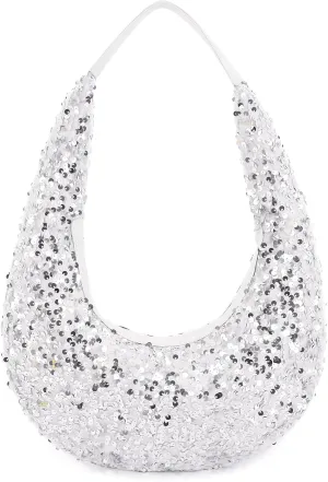 Naimo Womens Sequin Bag Metallic Shoulder Bag Glitter Evening Bag Moon Shape Purse Hobo Handbag Underarm Bag