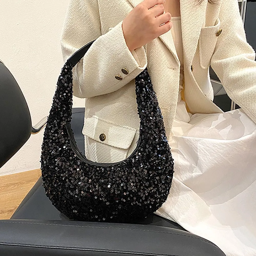 Naimo Womens Sequin Bag Metallic Shoulder Bag Glitter Evening Bag Moon Shape Purse Hobo Handbag Underarm Bag