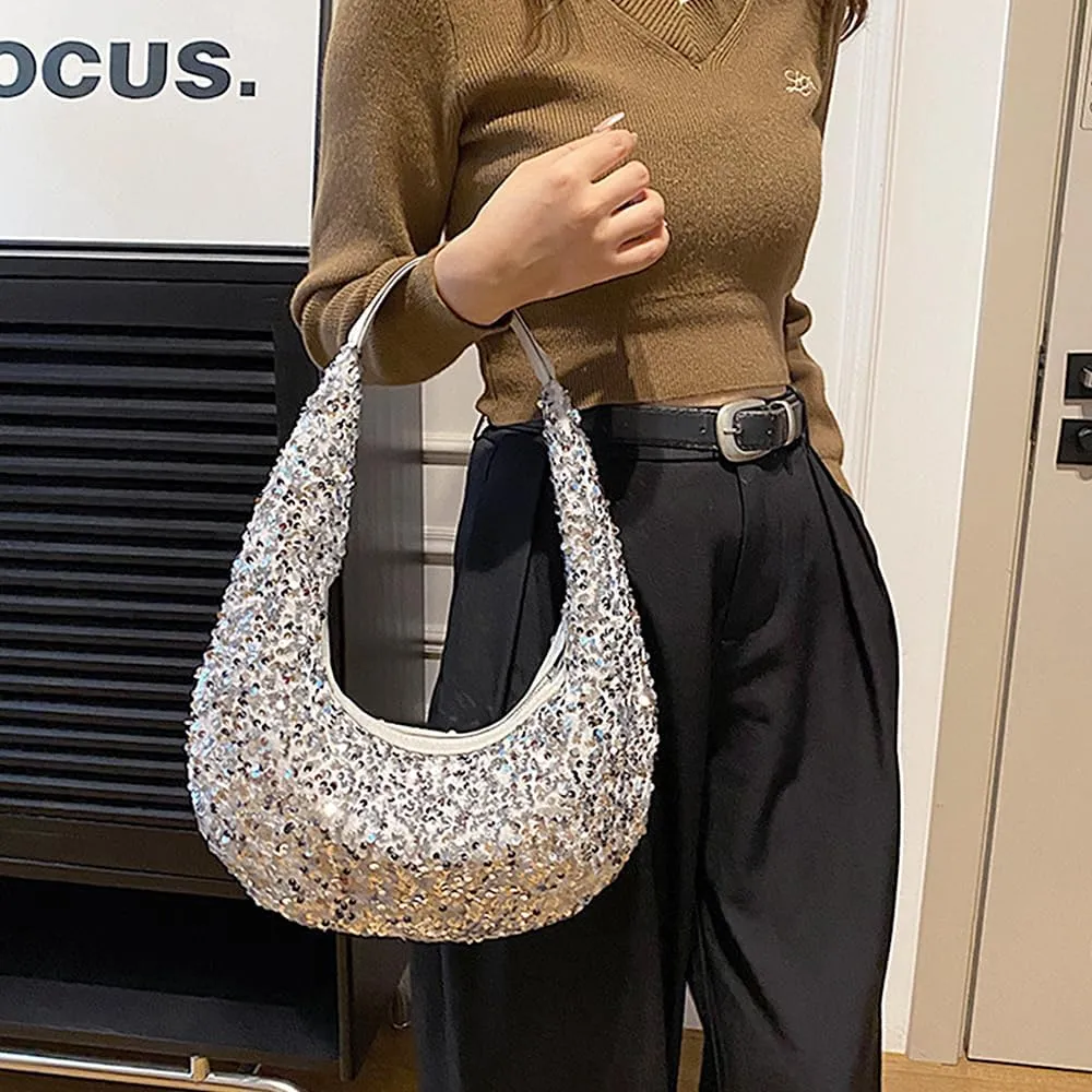 Naimo Womens Sequin Bag Metallic Shoulder Bag Glitter Evening Bag Moon Shape Purse Hobo Handbag Underarm Bag
