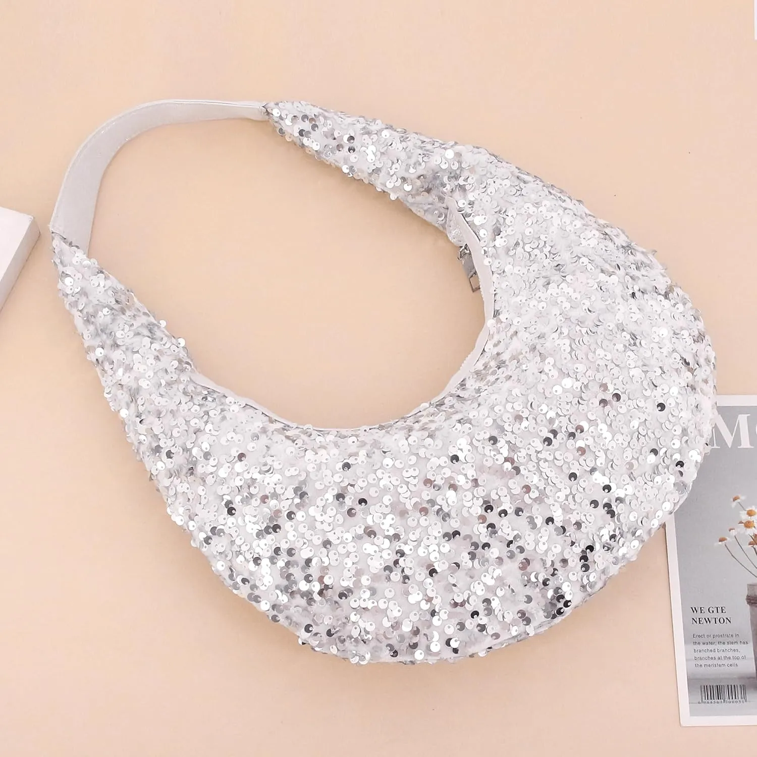 Naimo Womens Sequin Bag Metallic Shoulder Bag Glitter Evening Bag Moon Shape Purse Hobo Handbag Underarm Bag