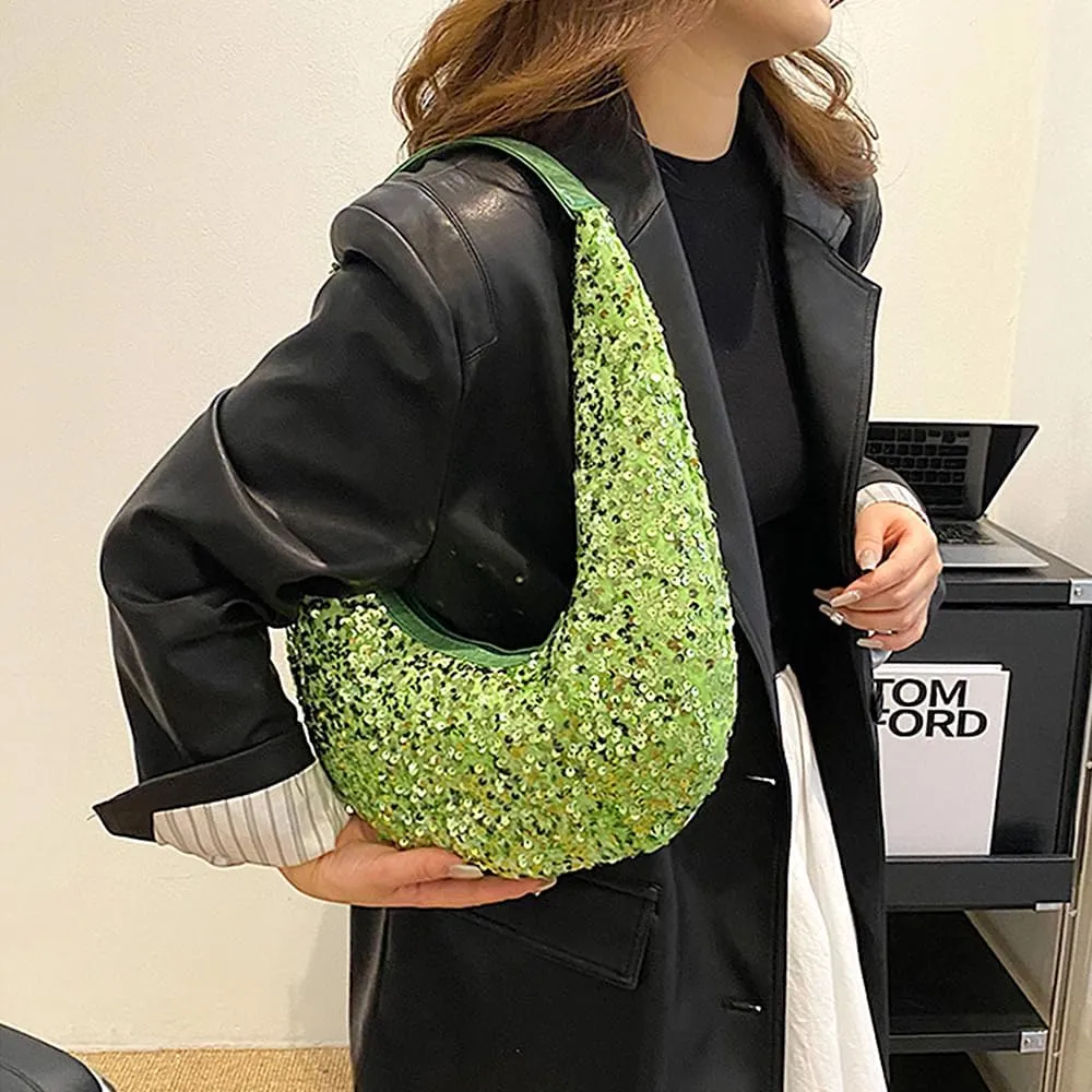 Naimo Womens Sequin Bag Metallic Shoulder Bag Glitter Evening Bag Moon Shape Purse Hobo Handbag Underarm Bag